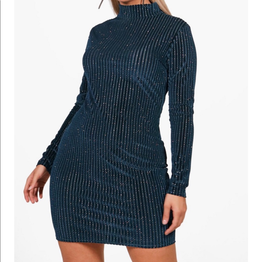 Navy Glitter Velvet Long Sleeve Bodycon